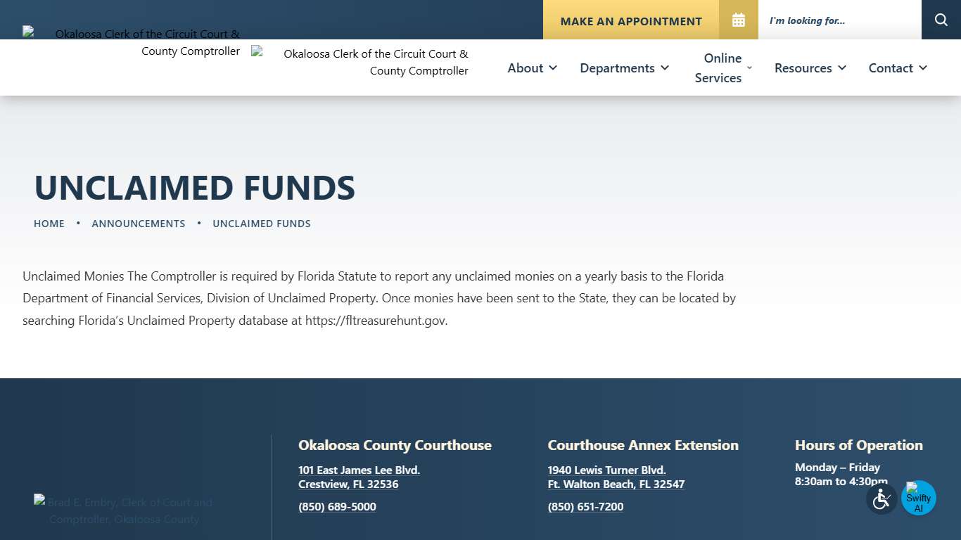 Unclaimed Funds Okaloosa Clerk of the Circuit Court & County Comptroller